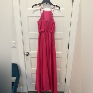 Bright pink, high neckline, long prom dress